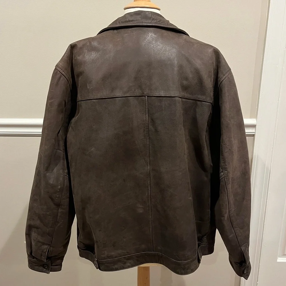 Chaps Men's Dark Brown Leather Bomber Jacket - Picture 7 of 9